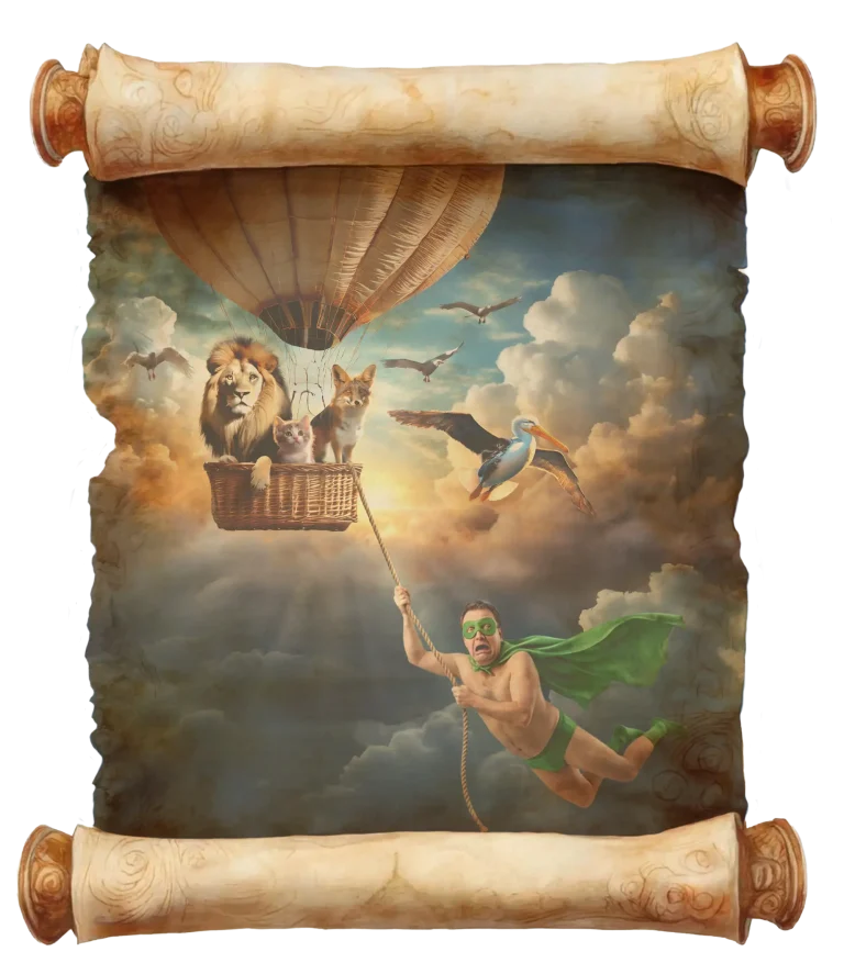 lion, balloon, scroll copy